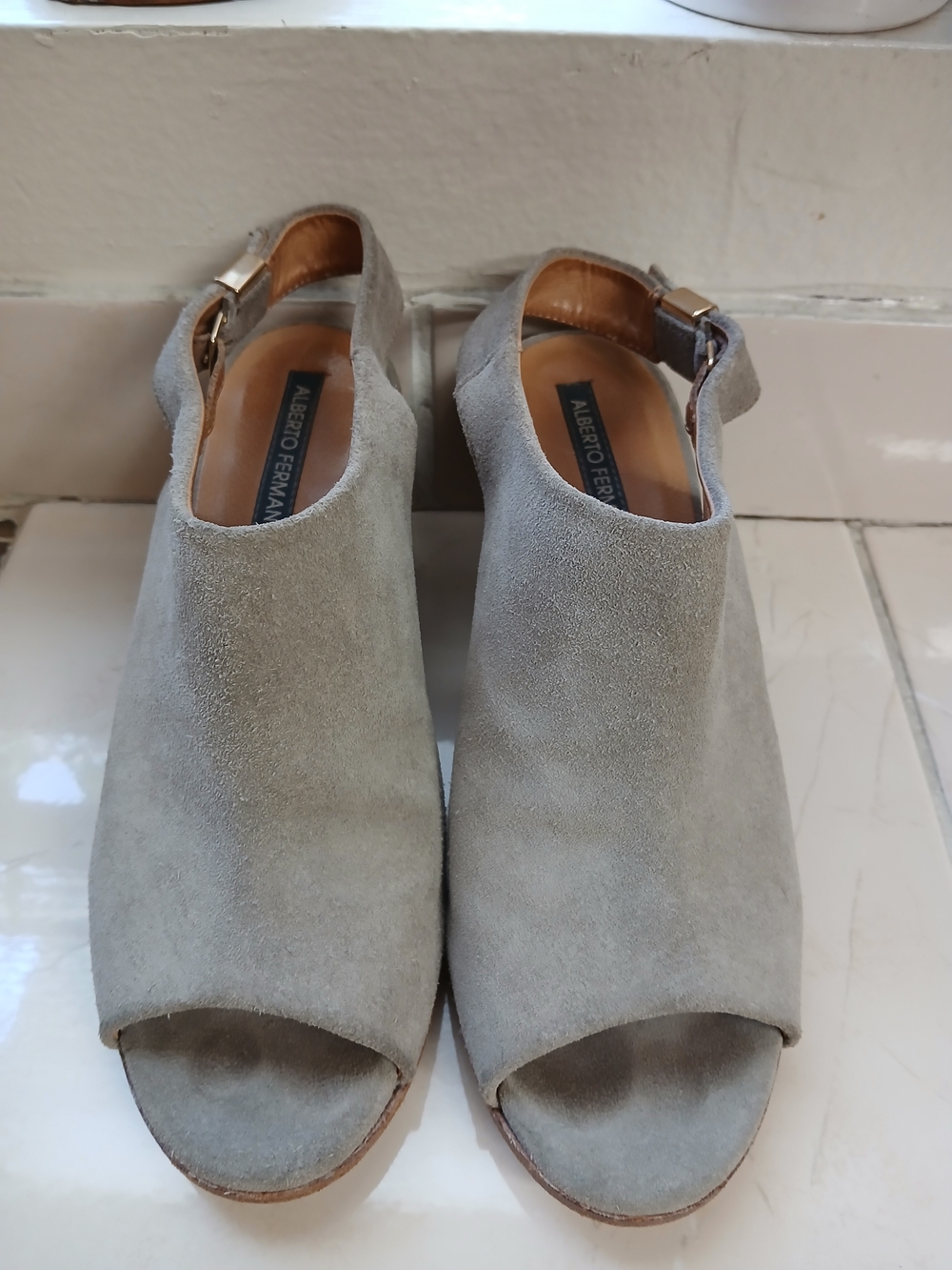 Alberto Fermani Light Gray Suede Open-Toe Slingback Mules